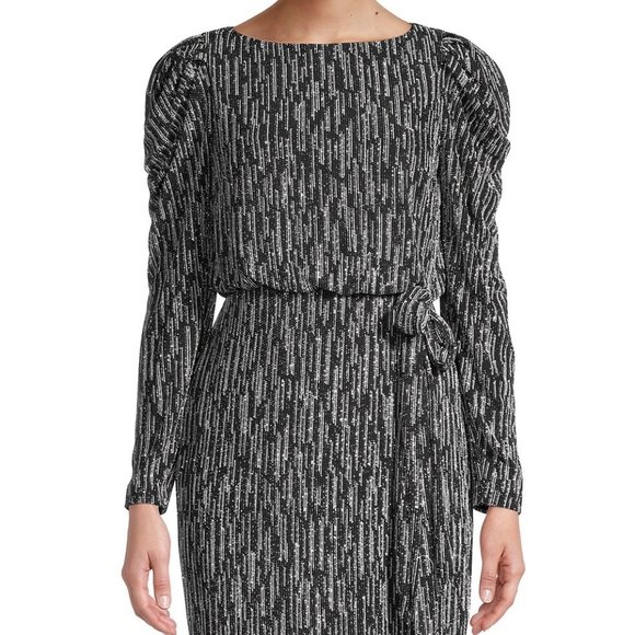 NWT Aidan Mattox Metallic Knit Puff Long Sleeve Sparkly Formal Dress - Size 12 - Picture 3 of 16